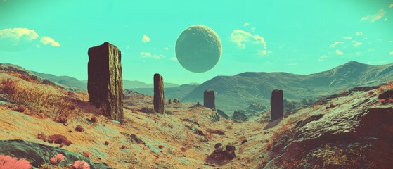 Surreal landscape with monolithic structures under a large celestial body in a vibrant alien setting