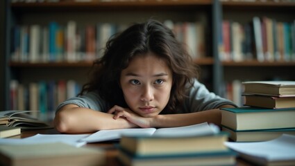 Young female student resting her head on her arms, looking pensive amidst books in a library
