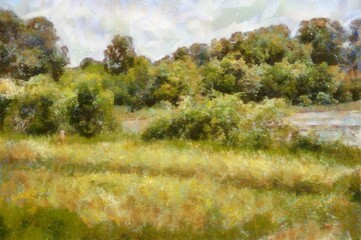 Landscape of grasslands and trees in Thailand Chalk paint Illustrations creates art style impressionism of painting.
