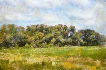 Landscape of grasslands and trees in Thailand Chalk paint Illustrations creates art style impressionism of painting.