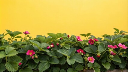 Naklejka premium A bed of lush green strawberries with bright pink flowers against a sunny yellow background, strawberry garden, colorful fruits, garden scene, farm fresh produce