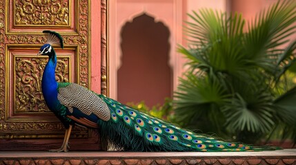 A vibrant Mughal-style garden illustration with a peacock and a temple, ideal for cultural or artistic themes.