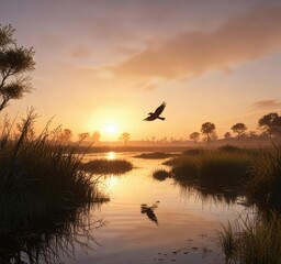 Naklejka premium A bird takes flight from a branch in the middle of a marsh as sun rises behind it, takeoff scene, wildlife moment, natural light