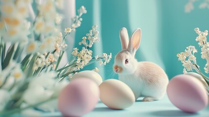 Easter Bunny and Decorated Eggs with Pastel Colors