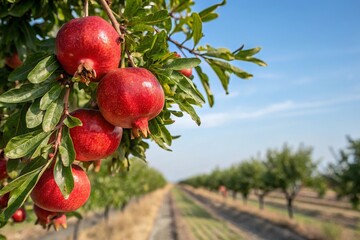 Fresh bunch pomegranate  on the vine in the garden which cover by warm sunlight