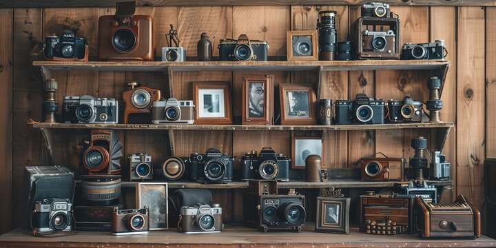 A vintage collection of cameras displayed on wooden shelves, showcasing photography history.