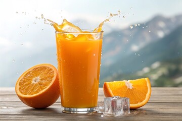 Fresh orange juice in clear glass with ice,next to a sliced and whole orange on wooden table, background blur of breathtaking view