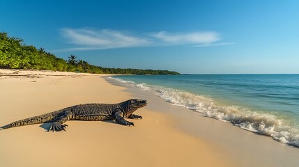 A giant monitor lizard resting on the sandy shore of a deserted beach