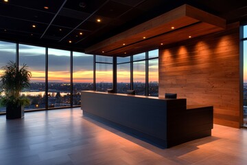 Fototapeta premium Stunning sunset view from a modern office reception area. The sleek, dark reception desk contrasts beautifully with the warm wood wall.