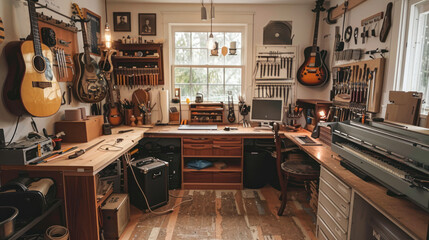 A modern, clutter-free guitar-making studio with organized tools and a focus on creativity