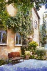 Fototapeta premium Landscape of Italian architecture buildings Tuscan architecture Chalk paint Illustrations creates art style impressionism of painting.