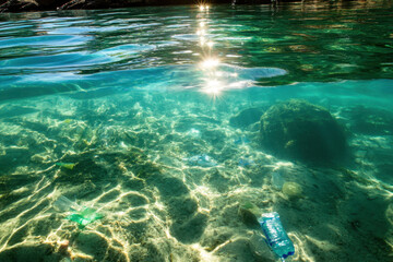 Obraz premium Underwater pollution with plastic waste in clear ocean