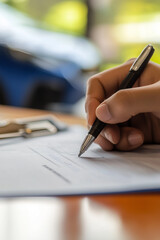 Signing a legal document - a close up view of a person writing their signature with a pen - contract or agreement, real estate, purchase, or divorce concept.
