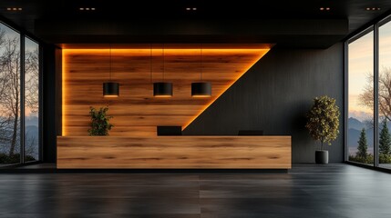 Fototapeta premium Modern reception desk with wood paneling and black accents. Warm lighting creates a welcoming atmosphere.