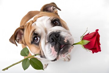 An adorable British Bulldog dog holds a red rose in its mouth ready to give it to its owner in valentine's day.