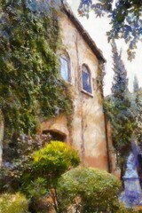 Fototapeta premium Landscape of Italian architecture buildings Tuscan architecture Chalk paint Illustrations creates art style impressionism of painting.