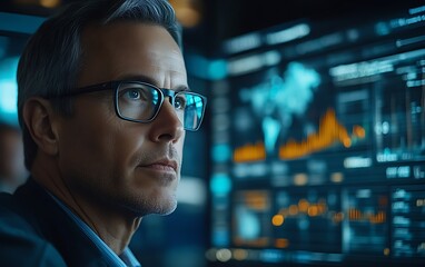 Focused businessman analyzing data on computer screen.