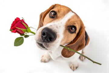 An adorable beagle dog holds a red rose in its mouth ready to give it to its owner in valentine's day.