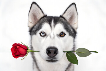 An adorable Siberian Husky dog holds a red rose in its mouth ready to give it to its owner in valentine's day.