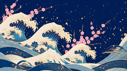 Elegant Japanese Style Wallpaper Mural with The Great Wave and Cherry Blossoms for Sophisticated Interior Design.