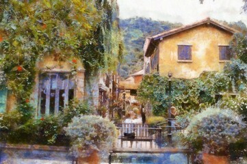 Landscape of Italian architecture buildings Tuscan architecture Chalk paint Illustrations creates art style impressionism of painting.