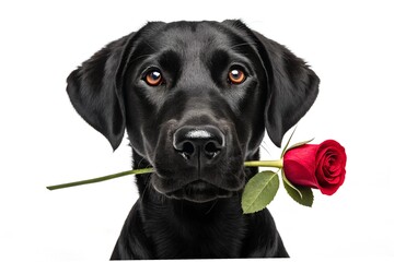 An adorable Black Labrador Retriever dog holds a red rose in its mouth ready to give it to its owner in valentine's day.
