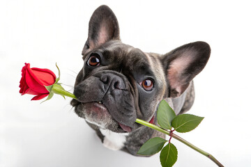 Fototapeta premium An adorable French bulldog dog holds a red rose in its mouth ready to give it to its owner in valentine's day.