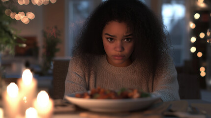 Young woman looking distressed in cozy kitchen with food
