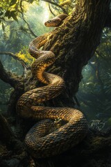 Fototapeta premium Large snake coiled around mossy forest tree.