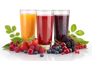 Mixed fruits juice and a pile of fruits, strawberry ,blackberry ,raspberry,cherry,fresh fruits.