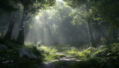 Obraz premium Enchanting sunlit path winding through a mystical forest, dappled light filtering through lush green canopy, creating a serene and magical atmosphere.