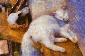Cats in various poses Chalk paint Illustrations creates art style impressionism of painting.