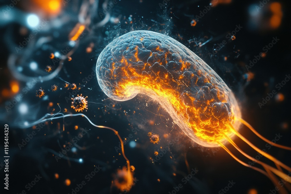 Poster magnified human cell under attack by a virus visualization showcasing intricate details of the biolo