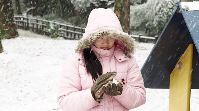 冬の公園で楽しく雪遊びしている小学生の女の子の様子
