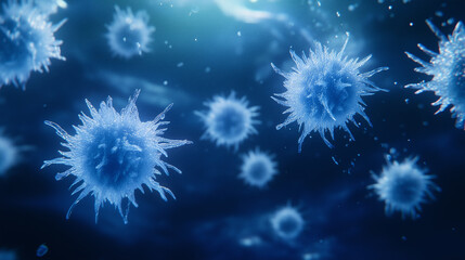 Blue Virus Cells Floating Against a Dark Background - Scientific and Medical Microbiology Illustration
