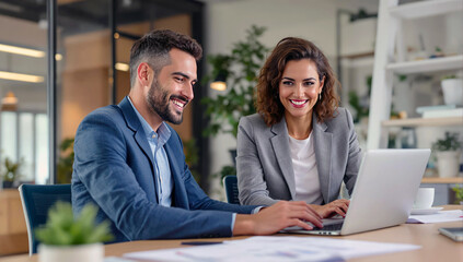 Collaborative teamwork Two business professionals working together on laptop in modern office setting