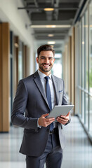 Smiling businessman holding tablet in modern office hallway