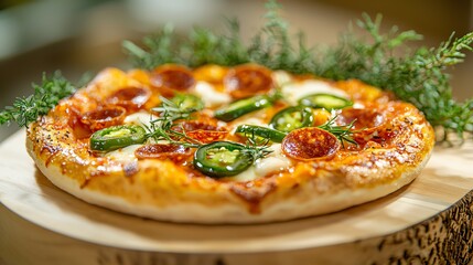 Delicious pizza topped with pepperoni and jalapenos on a wooden board.