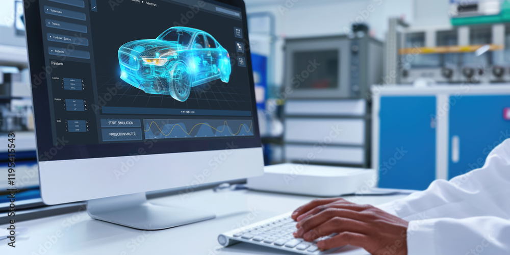 Poster electric car design software on computer screen showing simulation blueprint brisk by digital calcul