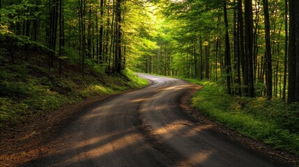 Fototapeta premium Serene Forest Path: A Winding Road Through Lush Green Woods