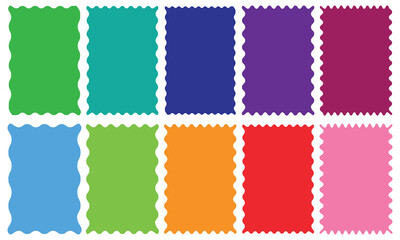 Colorful frame with zigzag edge. Rectangular jagged curved box element. Geometric zig zag wavy stickers. Wiggly undulate square badge, vector illustration for poster, banner, social media. Rectangle.