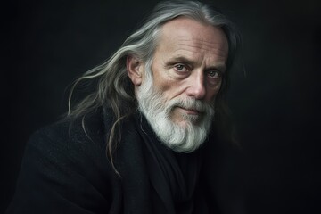 Fototapeta premium Thoughtful Portrait of Elderly Man with Long Hair in Dramatic Lighting