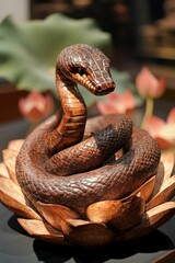 Fototapeta premium Intricate wooden carving; serpent coiled in lotus.