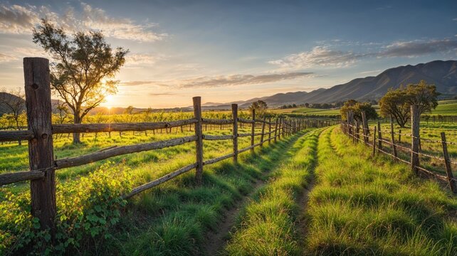 rural landscape with a dirt path flanked by wooden fences, lush greenery, and a golden sunset casting warm light over rolling hills and distant mountains - Powered by Adobe