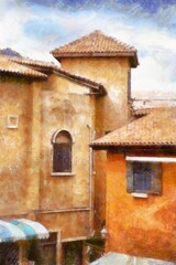 Landscape of Italian architecture buildings Tuscan architecture Chalk paint Illustrations creates art style impressionism of painting.