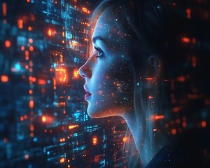 Woman's profile merging with digital code.
