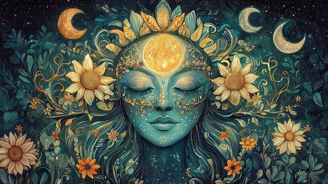 Spring Equinox Symbolic Design with Celestial Motifs