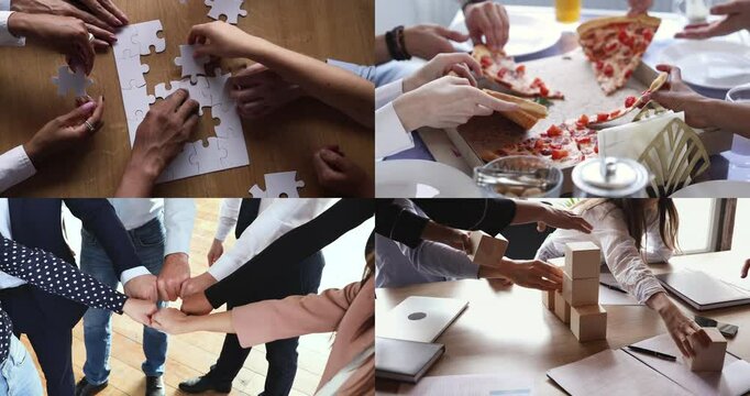 Synergy, unity and companionship. Close up collage cropped view of workmates, diverse employees engaged in communication during lunch break, take part in teamwork and creative activity at workplace