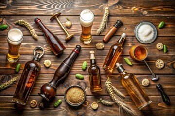 A flat lay of various beer-related items such as bottles, cans, glasses, and a beer tap, arranged artfully on a rustic wooden table., home bar, glasses, bottles, decor, bars