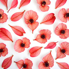 A design of pressed flower petals in shades of red and pink, set on a white background.